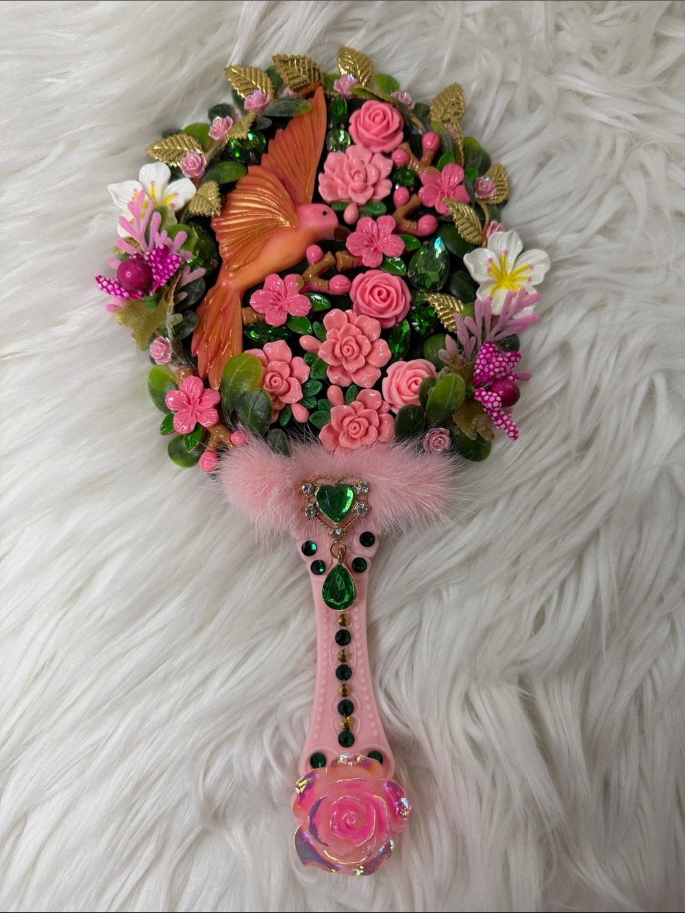 Hand Crafted Pink Floral Hummingbird Hand Mirror with Green Gems